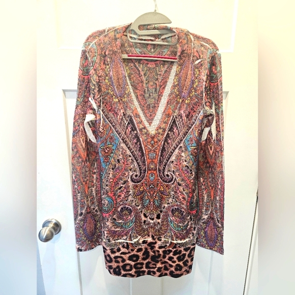 Boho Paisley Leopard Print Knit Mini Dress Size M Long Sleeve Stretch - Picture 1 of 10
